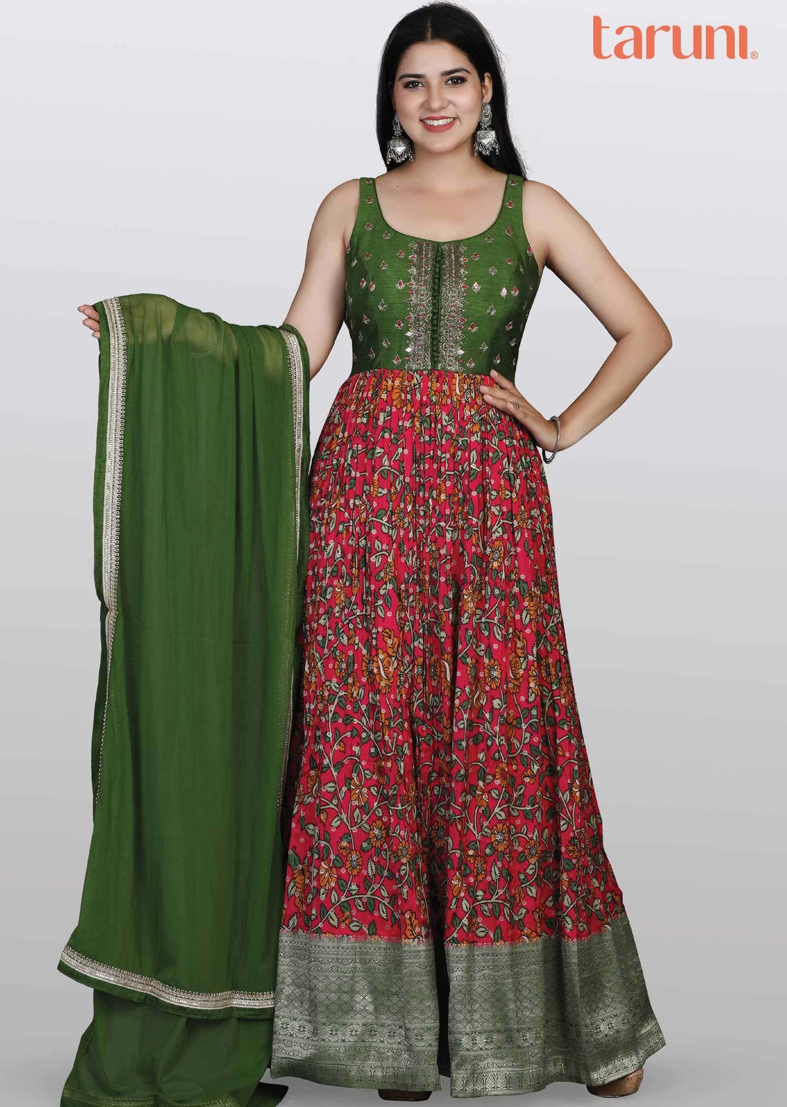 Green/Rani pink Banaras Silk Zardosi & Embroidered Anarkali