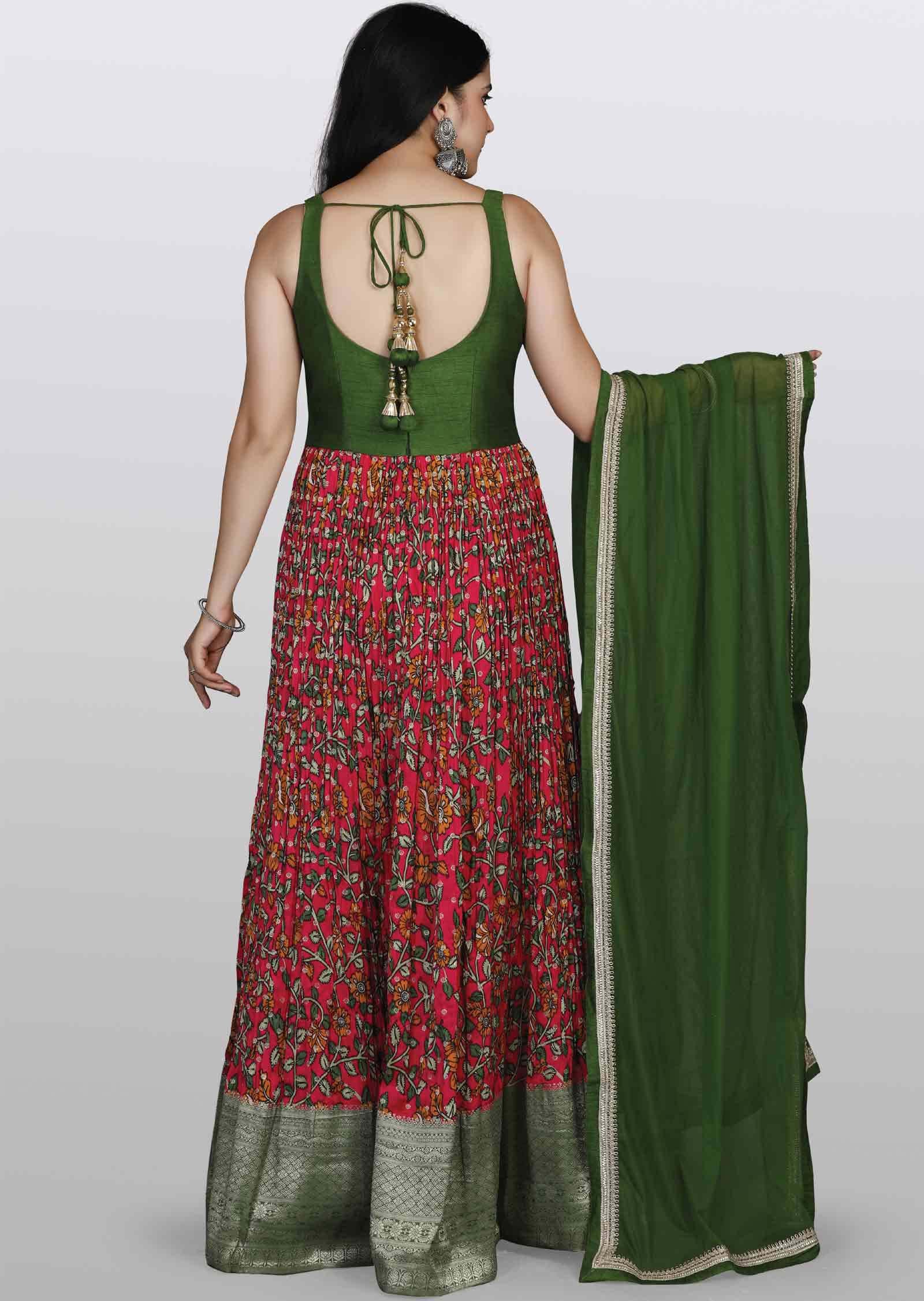 Green/Rani pink Banaras Silk Zardosi & Embroidered Anarkali