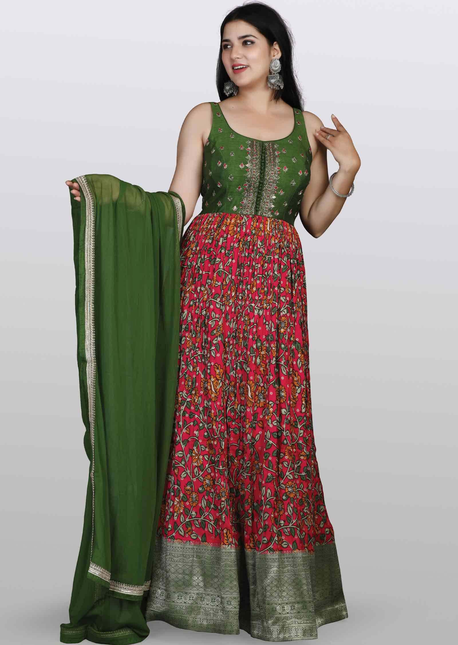 Green/Rani pink Banaras Silk Zardosi & Embroidered Anarkali