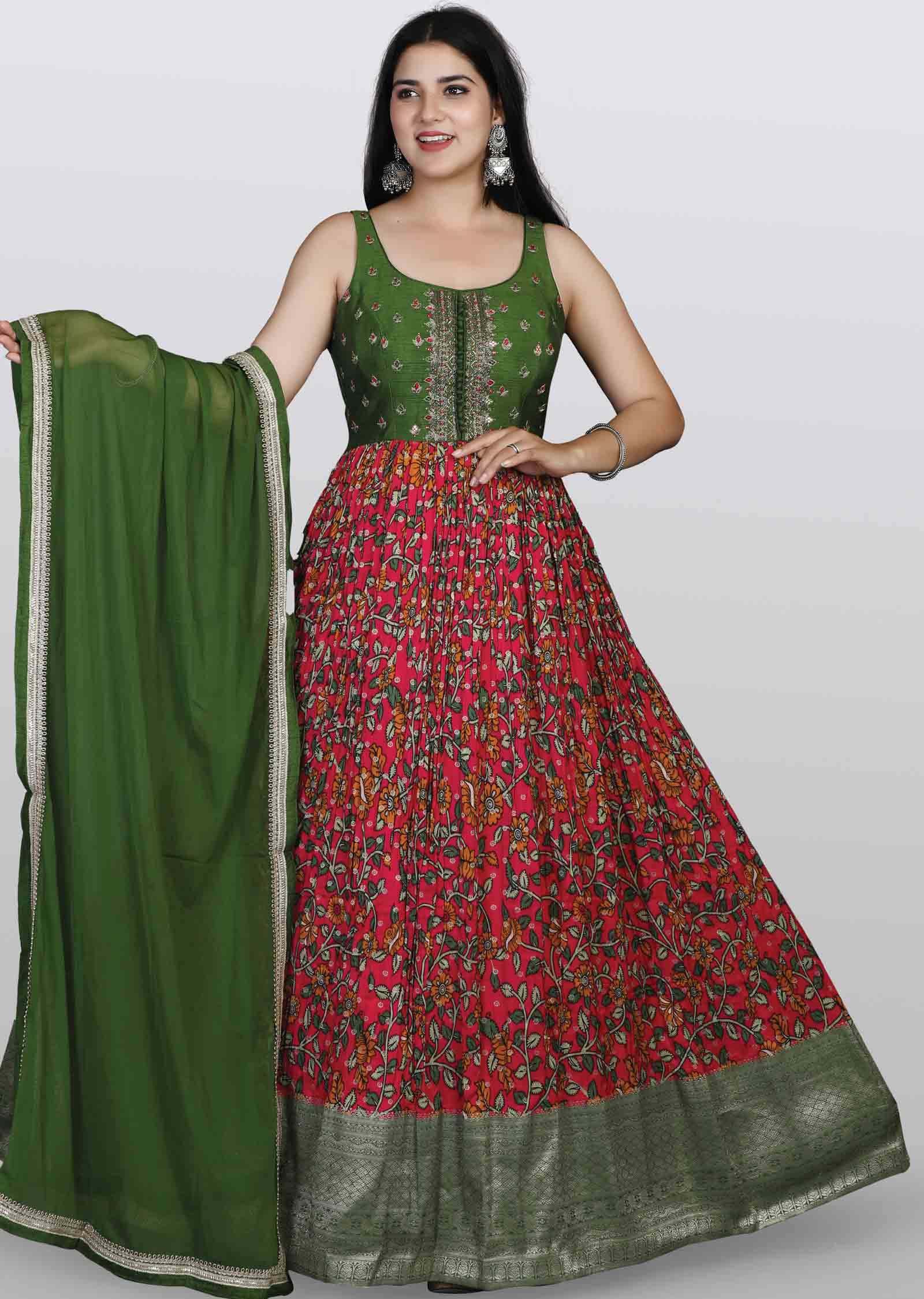 Green/Rani pink Banaras Silk Zardosi & Embroidered Anarkali