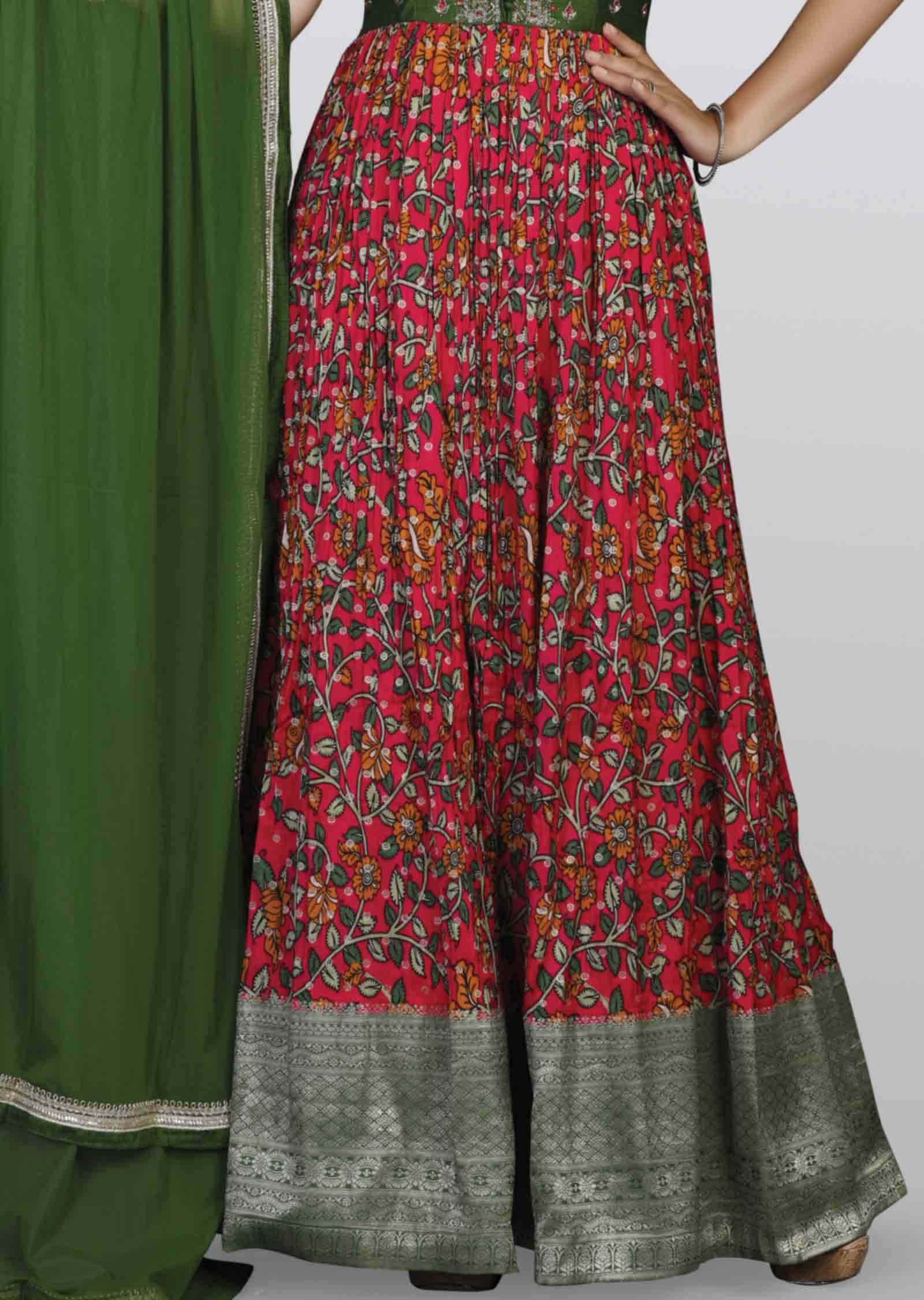 Green/Rani pink Banaras Silk Zardosi & Embroidered Anarkali