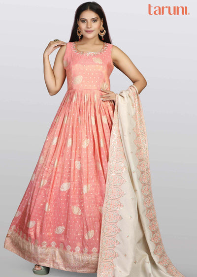 Rose Peach Banaras tissue Silk Embroidered Anarkali