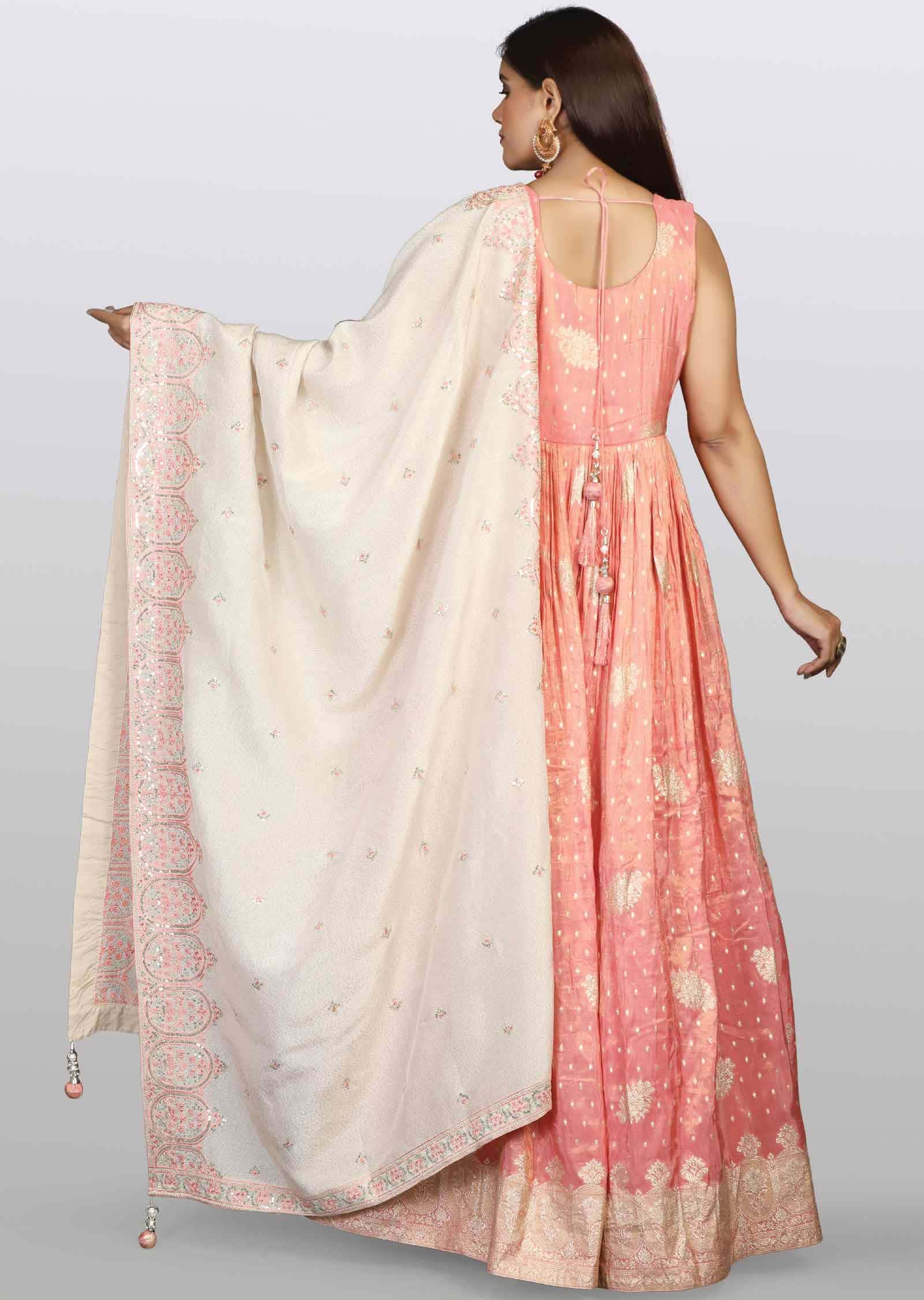 Rose Peach Banaras tissue Silk Embroidered Anarkali