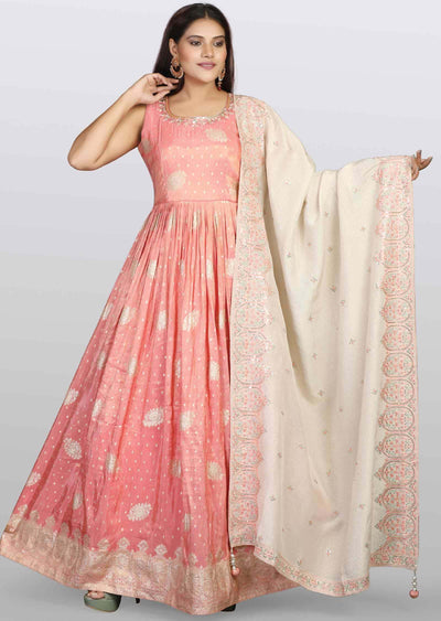 Rose Peach Banaras tissue Silk Embroidered Anarkali