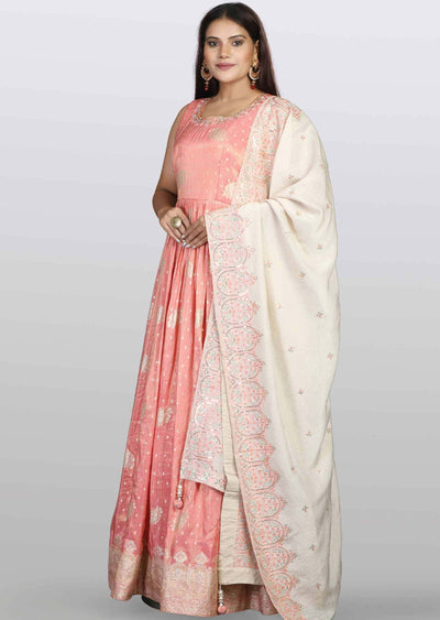 Rose Peach Banaras tissue Silk Embroidered Anarkali