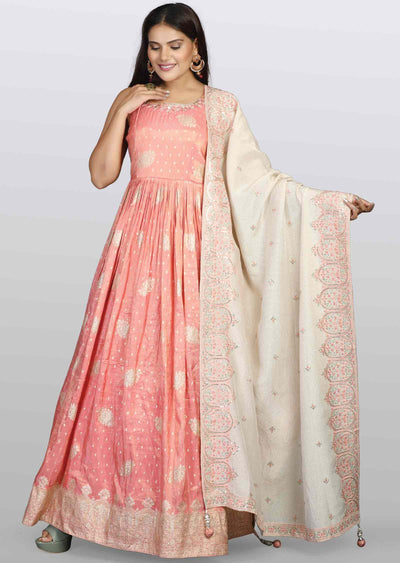 Rose Peach Banaras tissue Silk Embroidered Anarkali