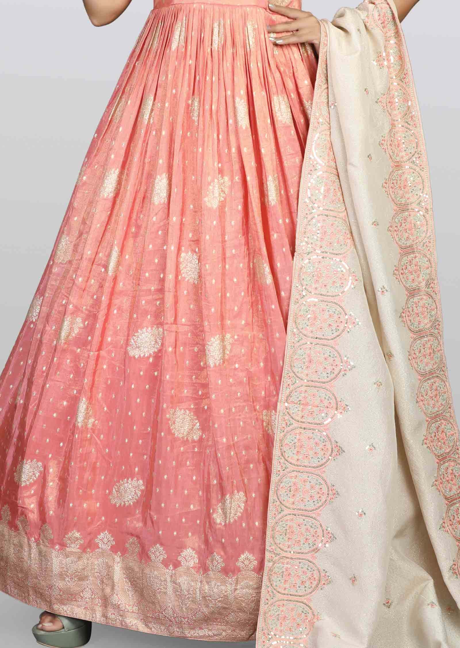 Rose Peach Banaras tissue Silk Embroidered Anarkali