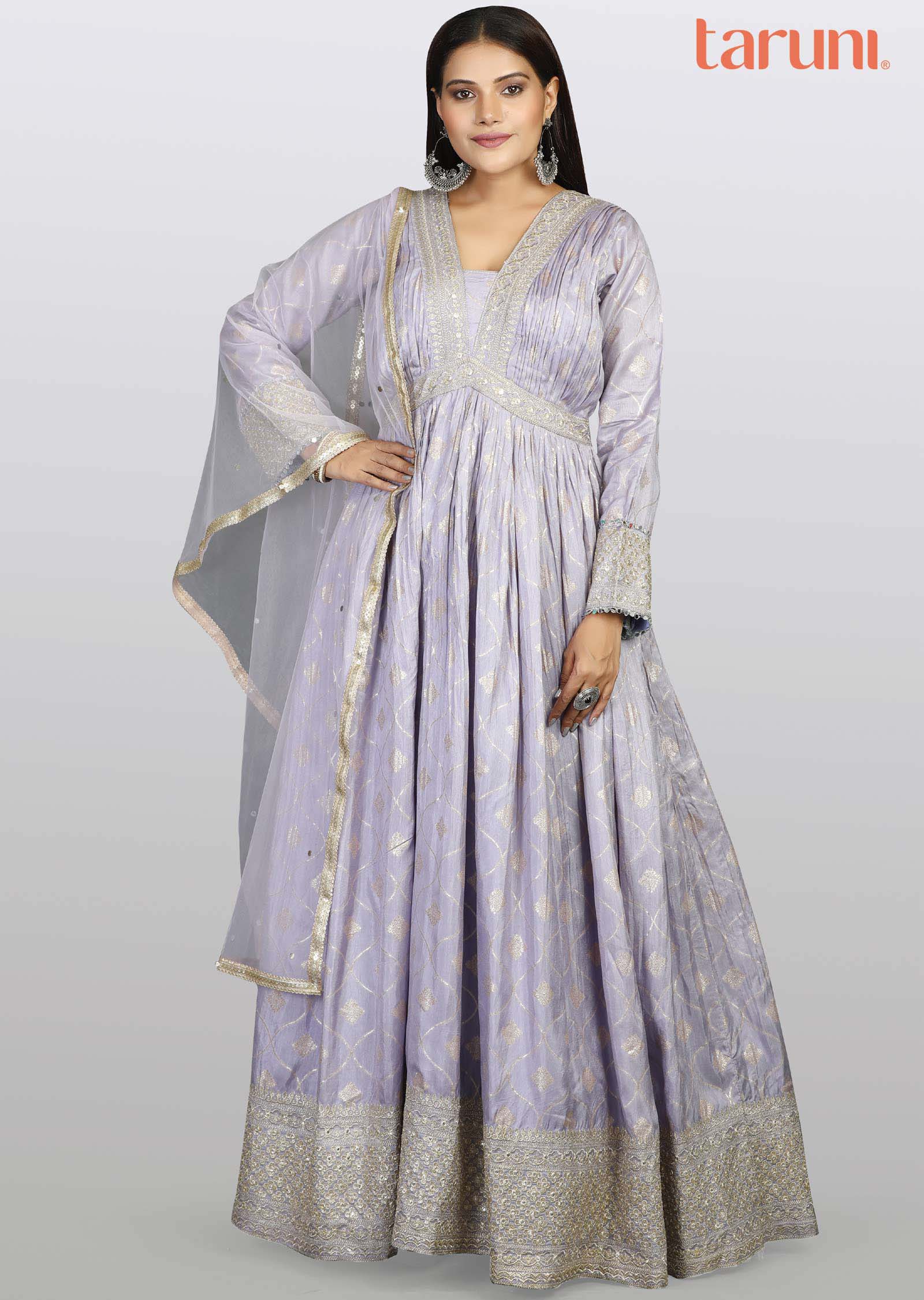 Lavender Banaras Silk Sequins & Gota work Alia cut Anarkali