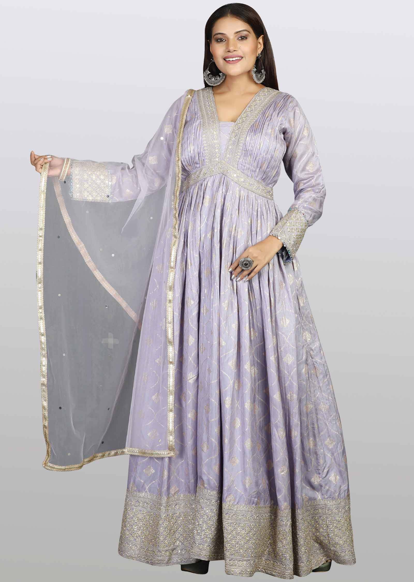 Lavender Banaras Silk Sequins & Gota work Alia cut Anarkali