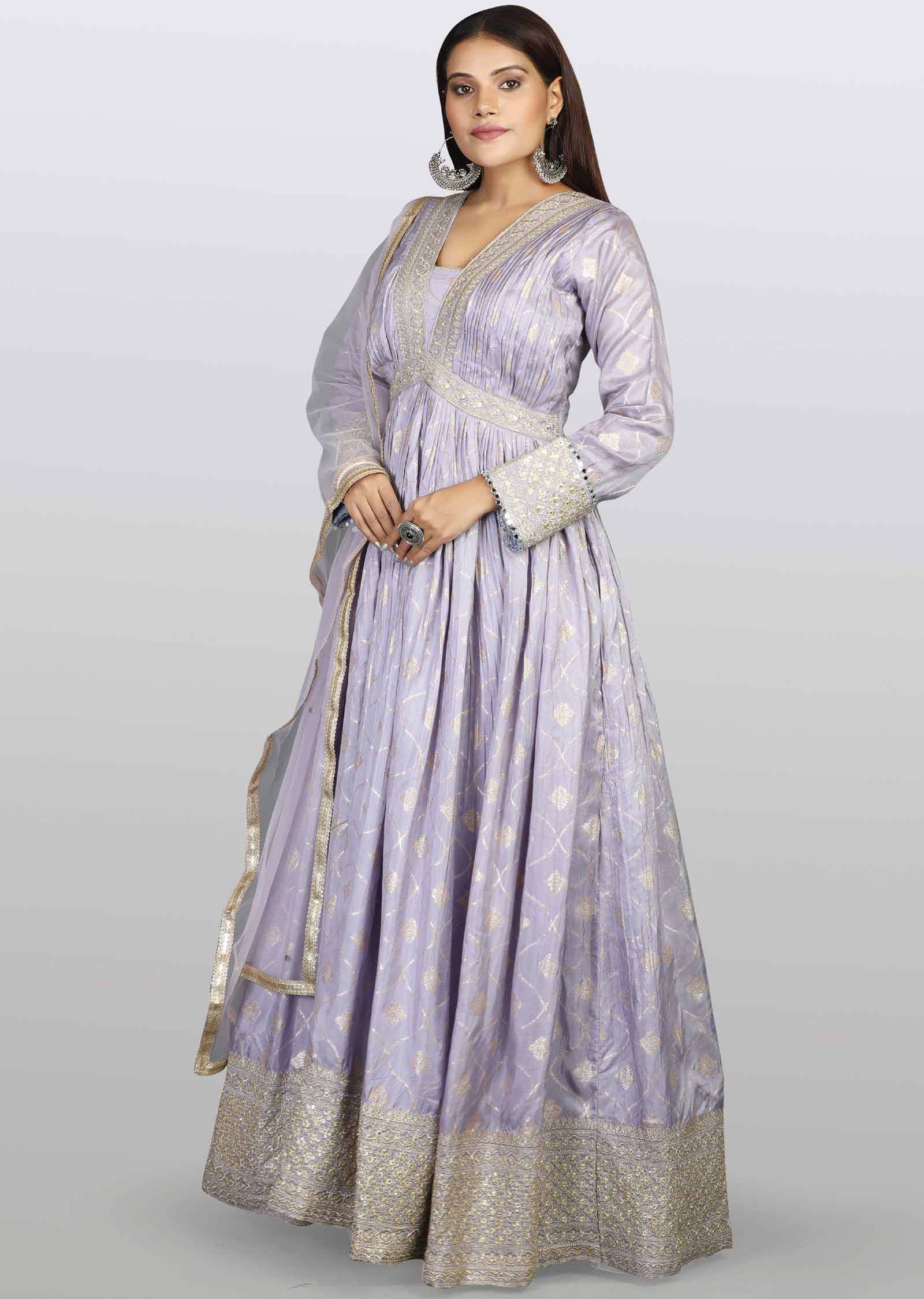 Lavender Banaras Silk Sequins & Gota work Alia cut Anarkali