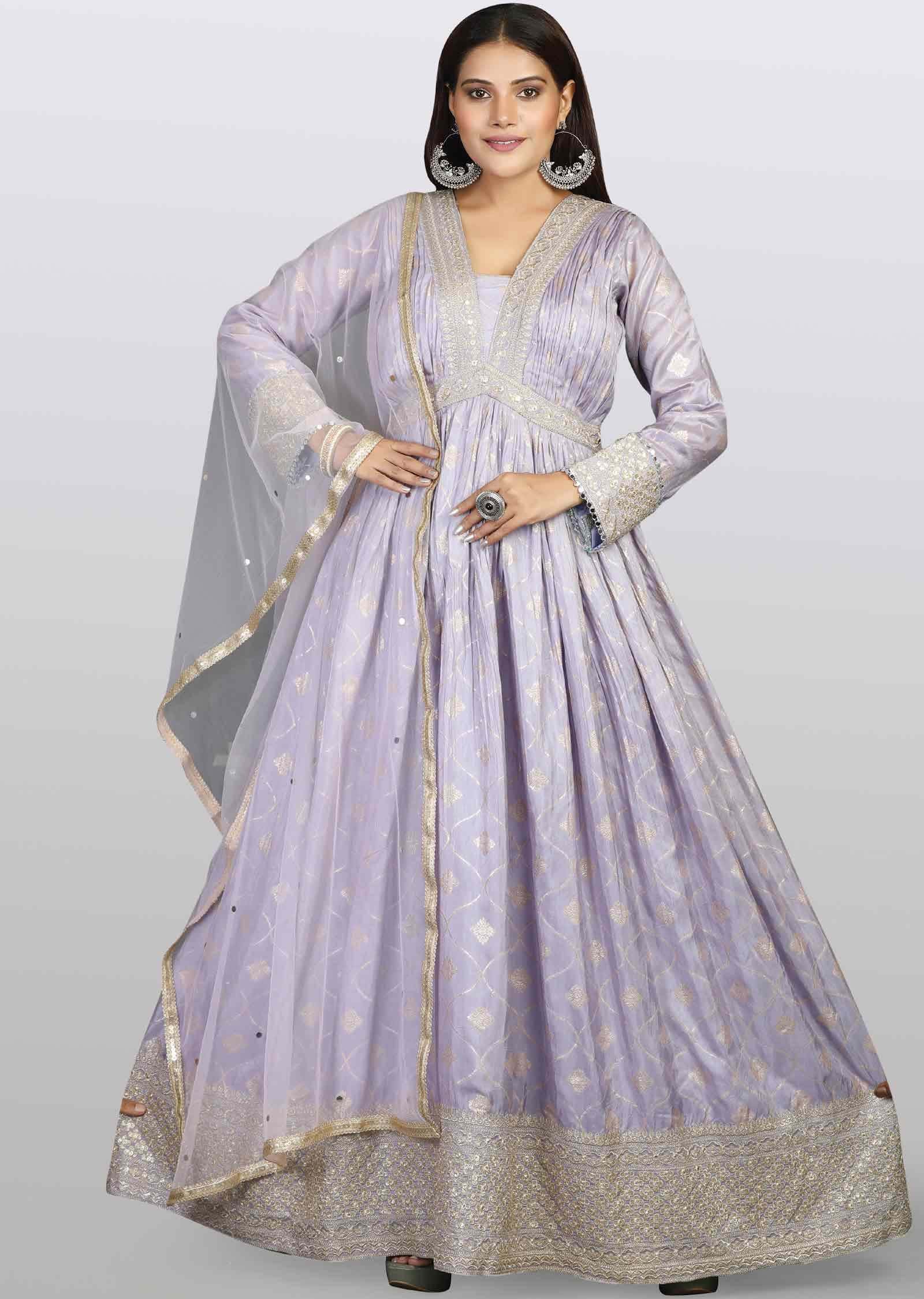 Lavender Banaras Silk Sequins & Gota work Alia cut Anarkali