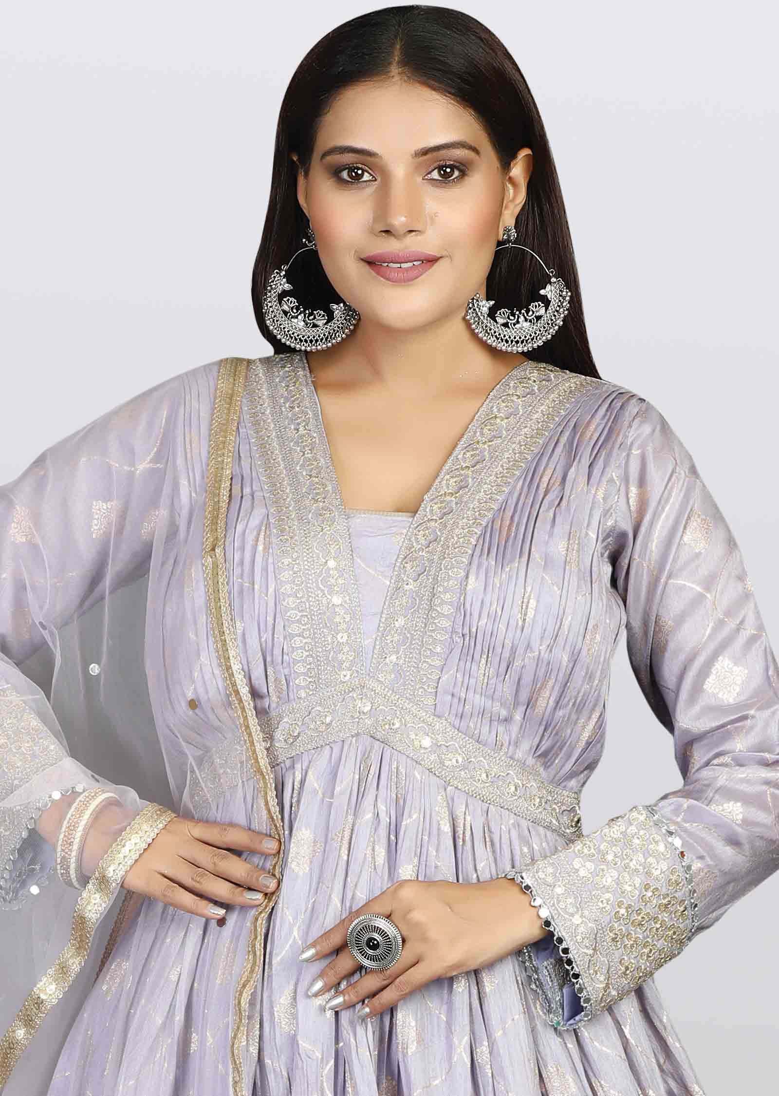 Lavender Banaras Silk Sequins & Gota work Alia cut Anarkali