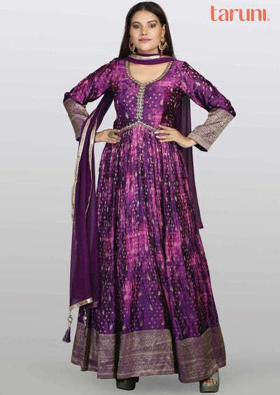 Purple Banaras Satin Embroidered Alia cut Anarkali