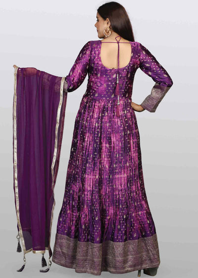 Purple Banaras Satin Embroidered Alia cut Anarkali