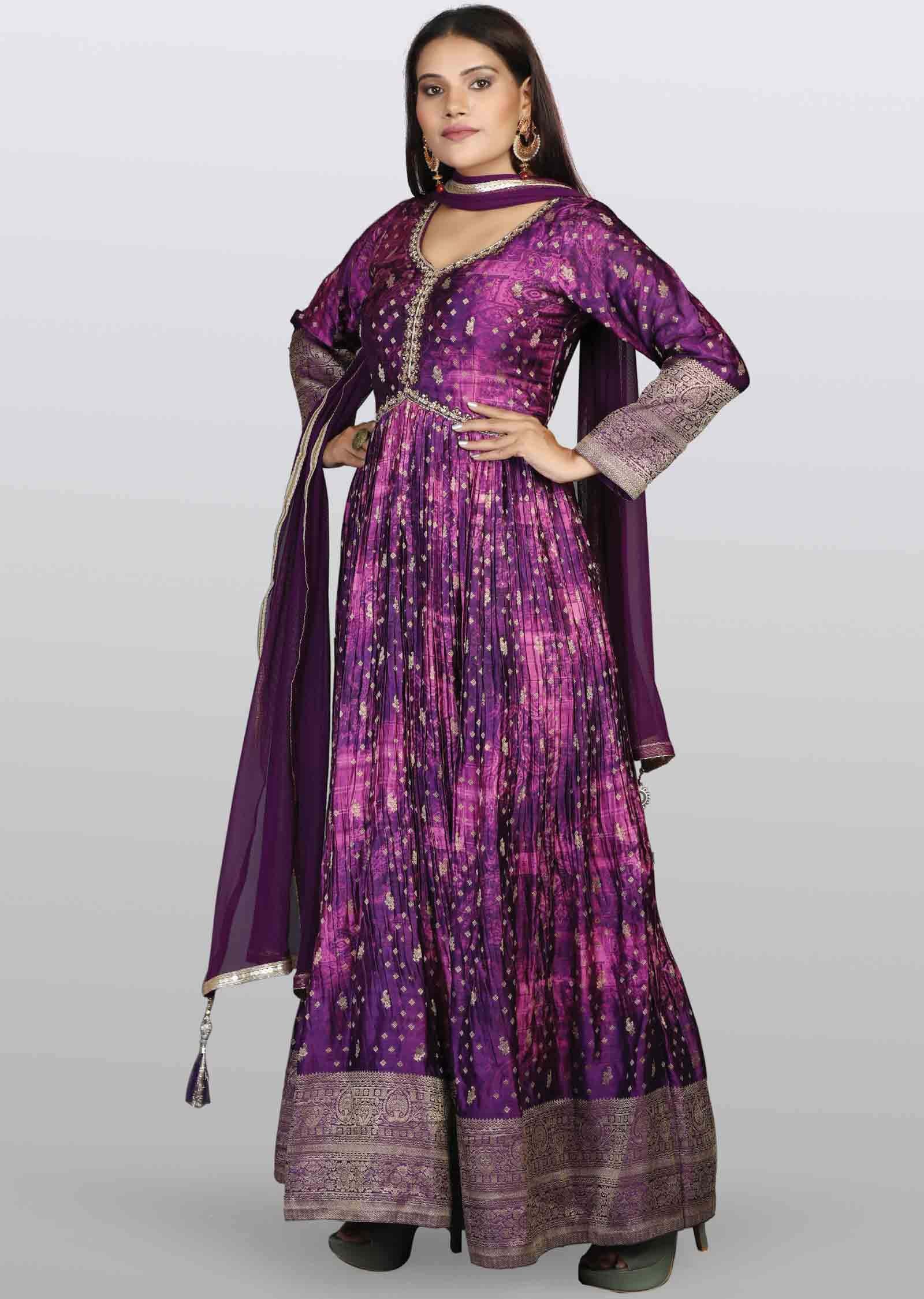 Purple Banaras Satin Embroidered Alia cut Anarkali