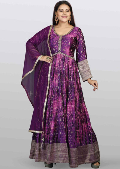 Purple Banaras Satin Embroidered Alia cut Anarkali