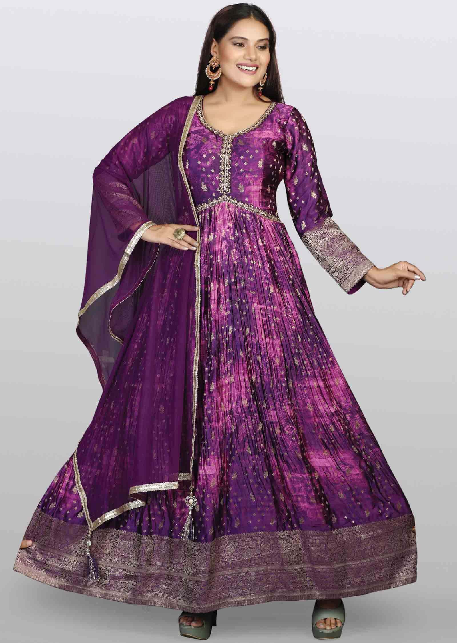 Purple Banaras Satin Embroidered Alia cut Anarkali