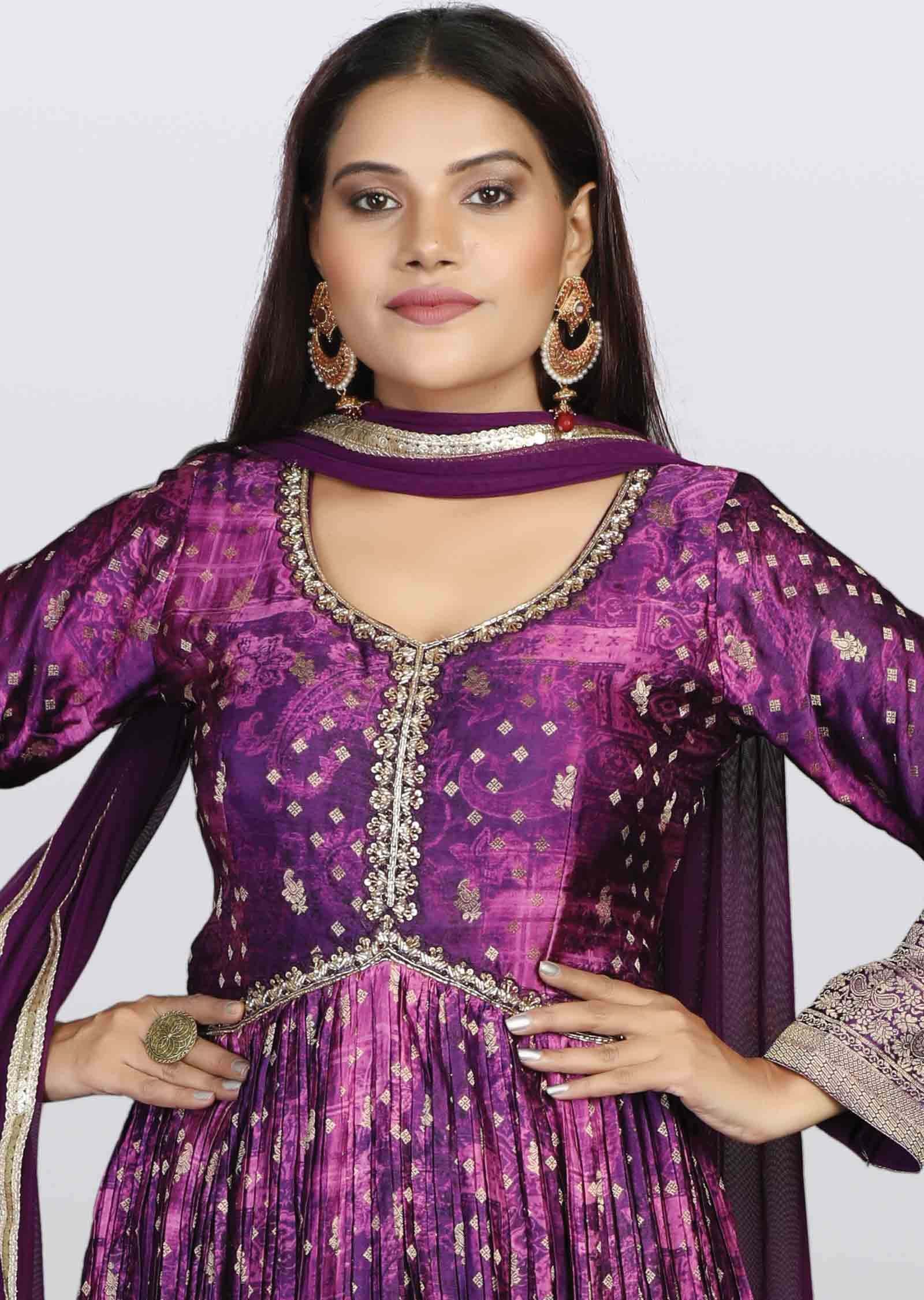 Purple Banaras Satin Embroidered Alia cut Anarkali