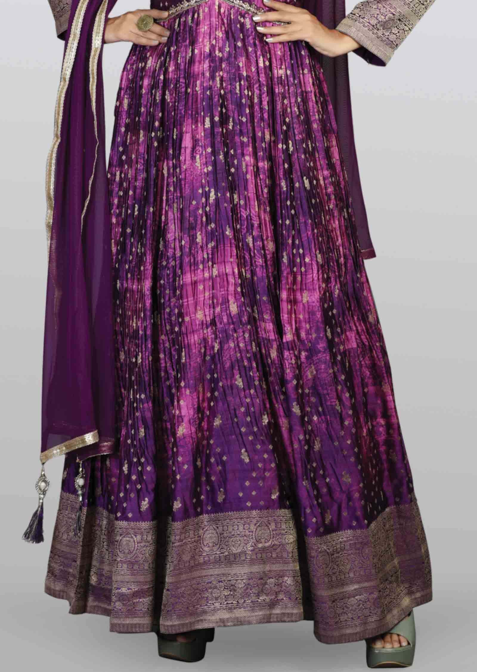 Purple Banaras Satin Embroidered Alia cut Anarkali