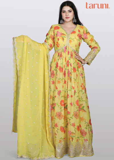 Yellow Soft Organza Alia cut Anarkali