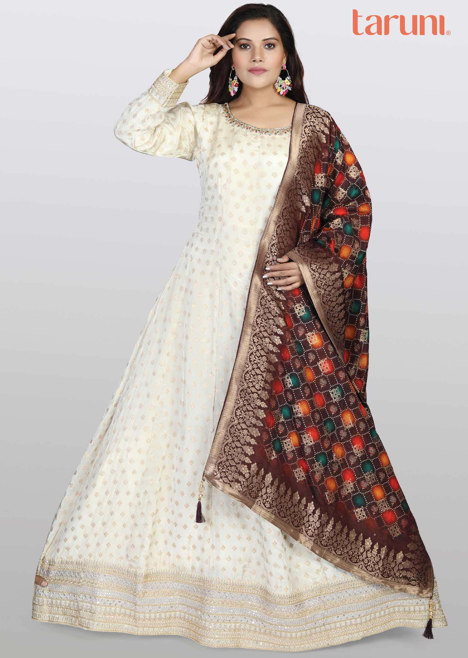 Cream Banaras tissue Silk Embroidered Anarkali