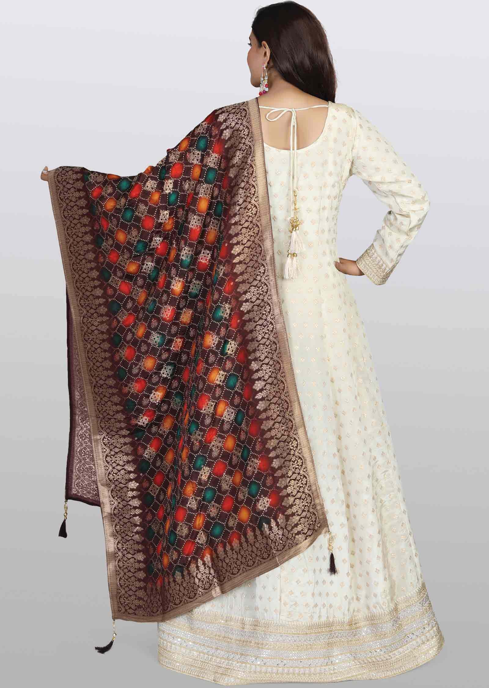 Cream Banaras tissue Silk Embroidered Anarkali