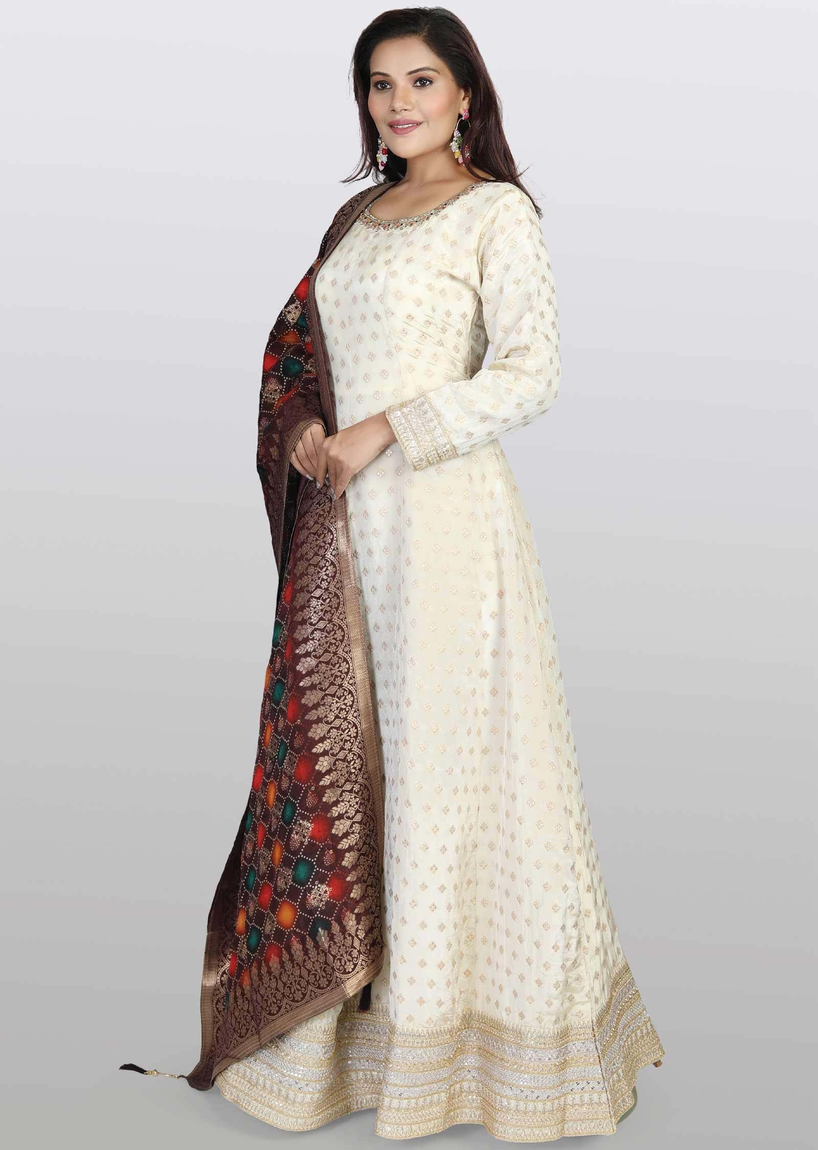 Cream Banaras tissue Silk Embroidered Anarkali