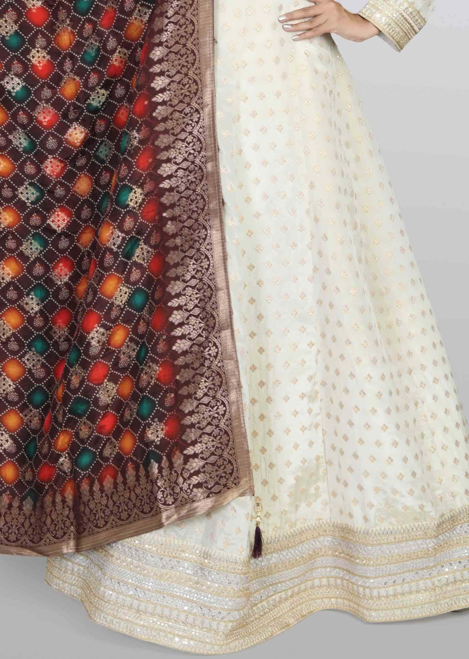 Cream Banaras tissue Silk Embroidered Anarkali