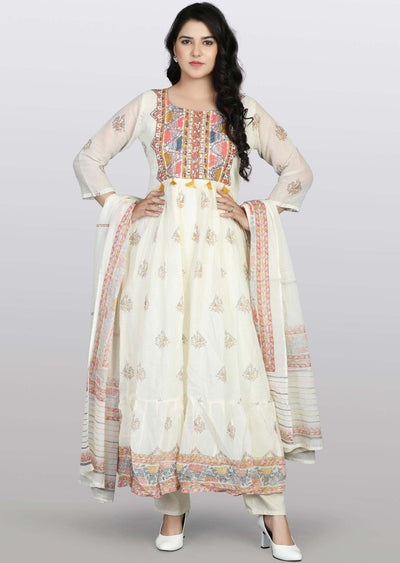 Cream Cotton Printed Anarkali