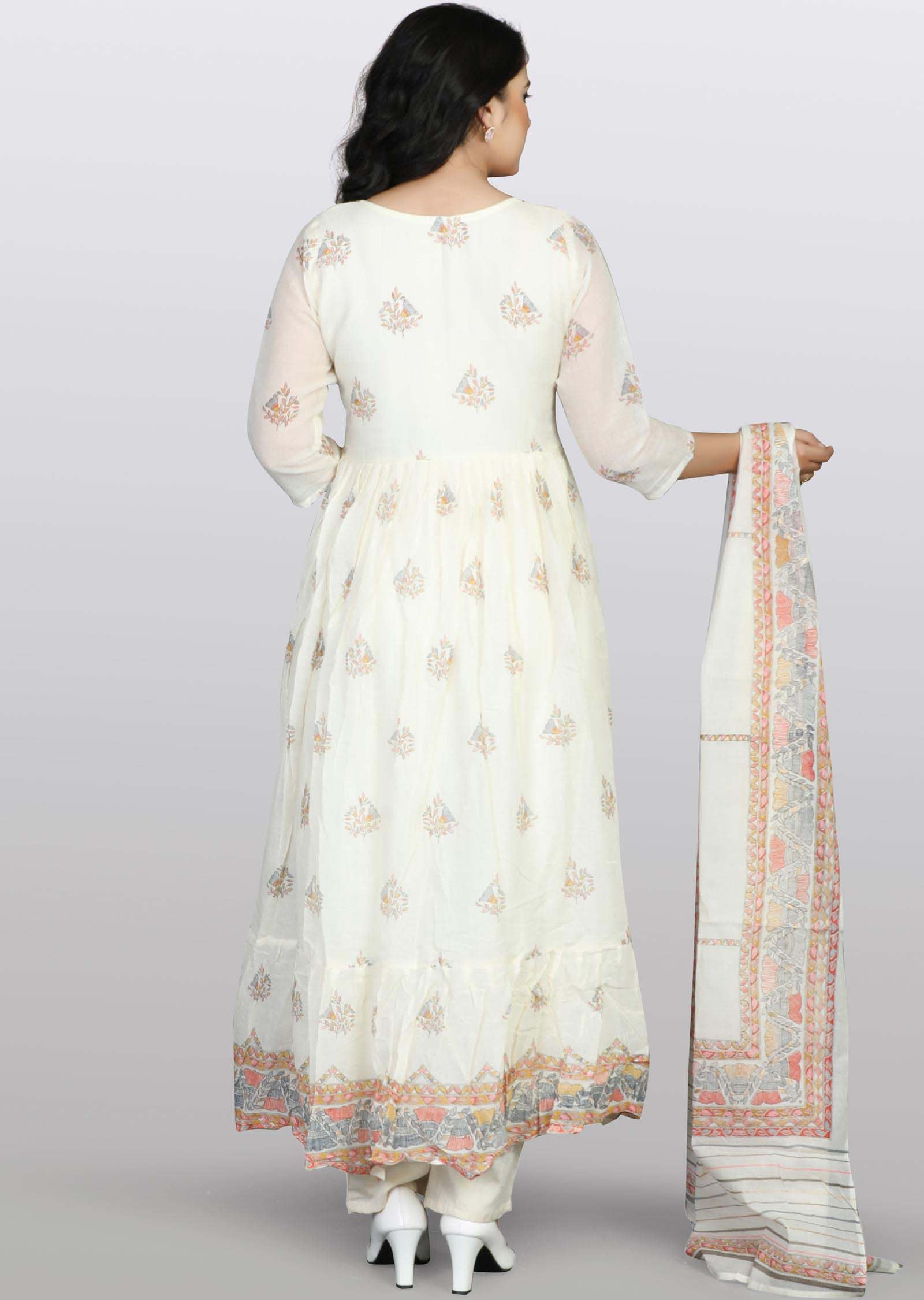 Cream Cotton Printed Anarkali