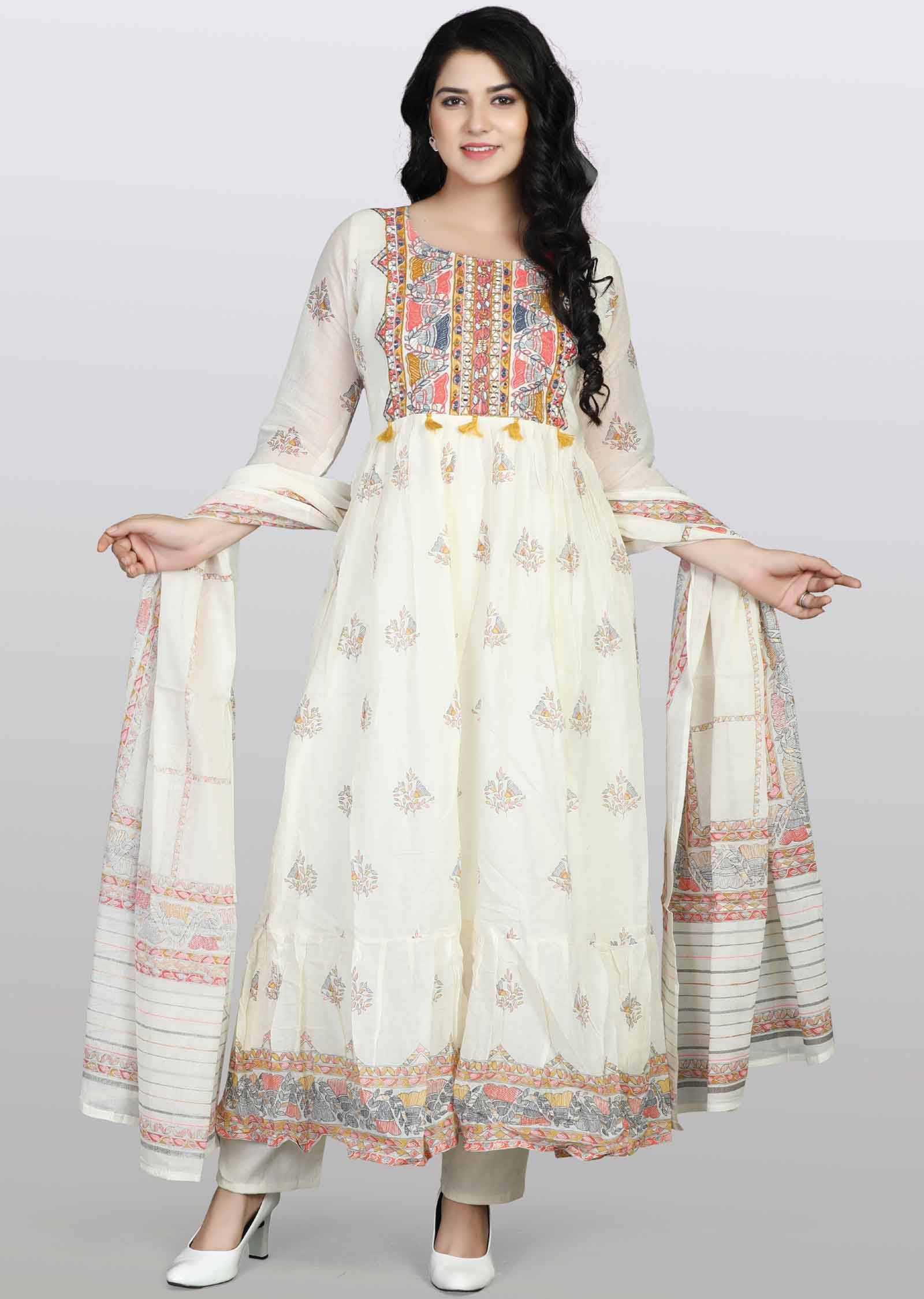 Cream Cotton Printed Anarkali