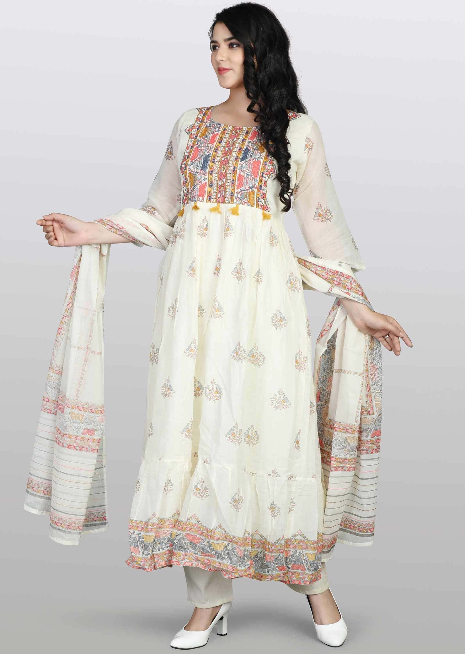 Cream Cotton Printed Anarkali