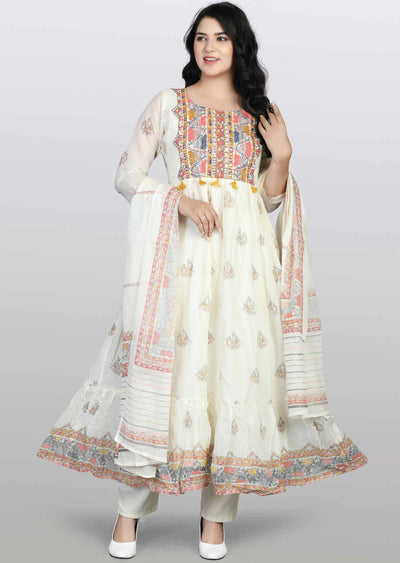 Cream Cotton Printed Anarkali