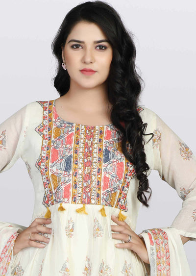 Cream Cotton Printed Anarkali