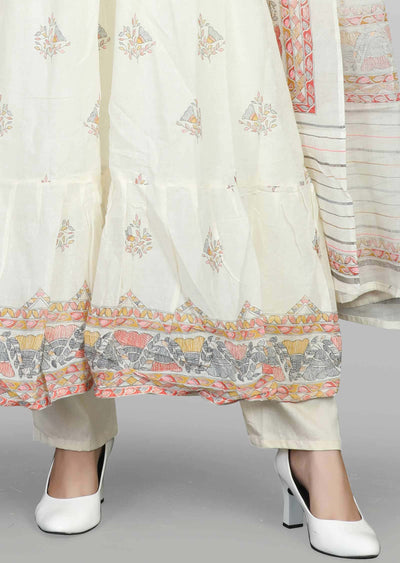 Cream Cotton Printed Anarkali