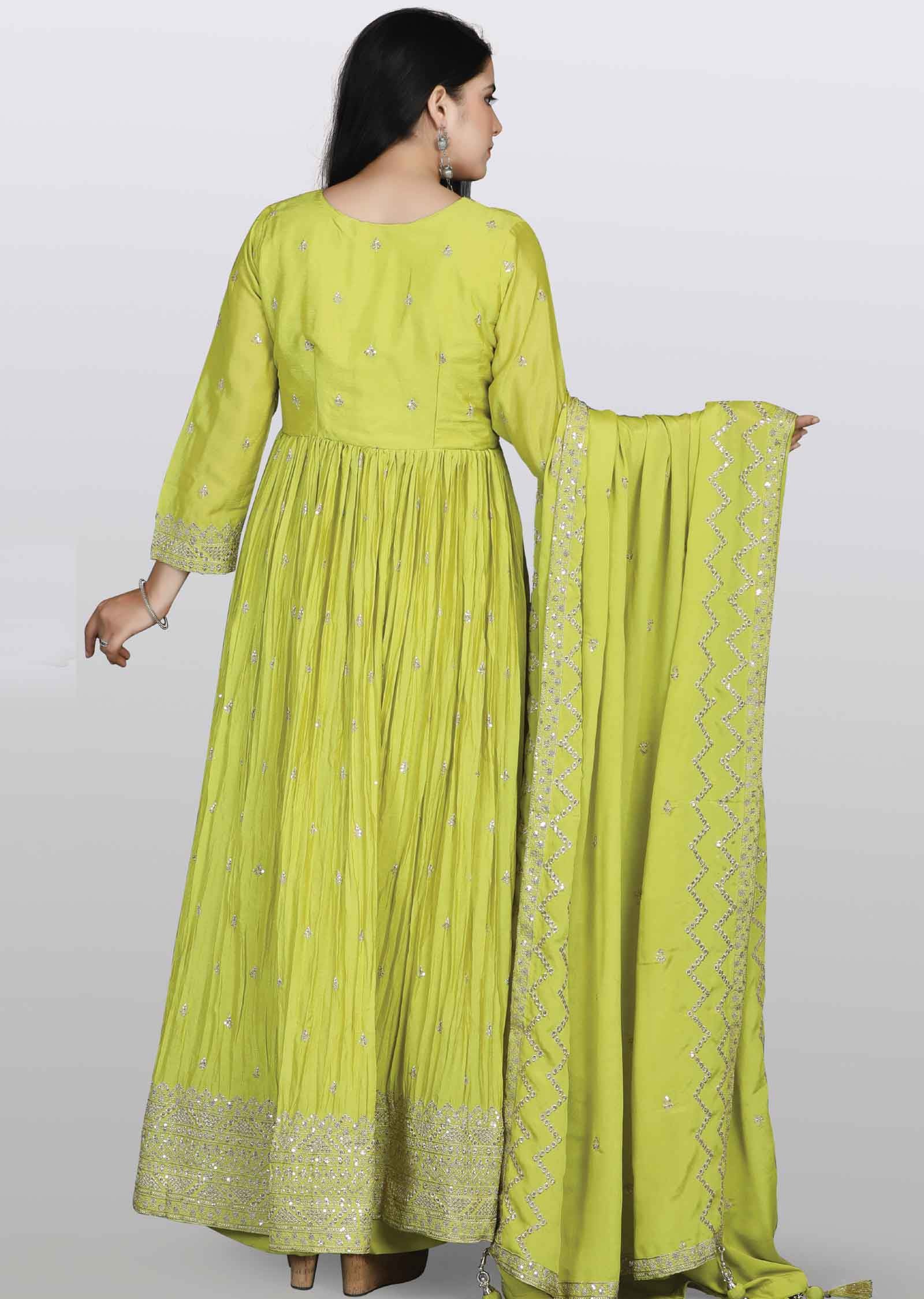 Lime Green Chinnon Embroidered Anarkali