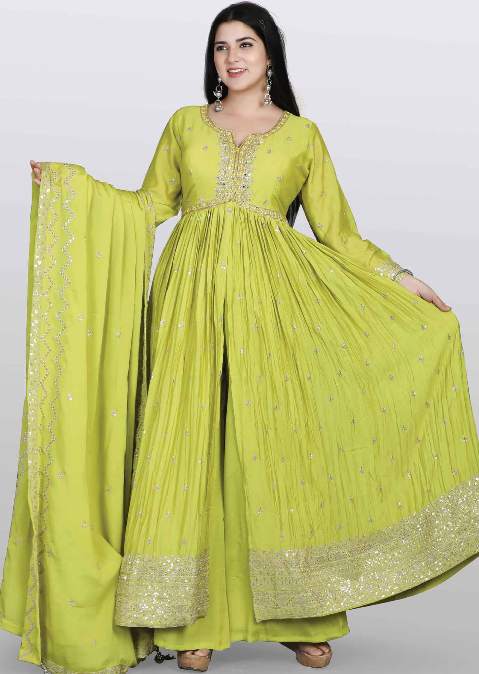 Lime Green Chinnon Embroidered Anarkali