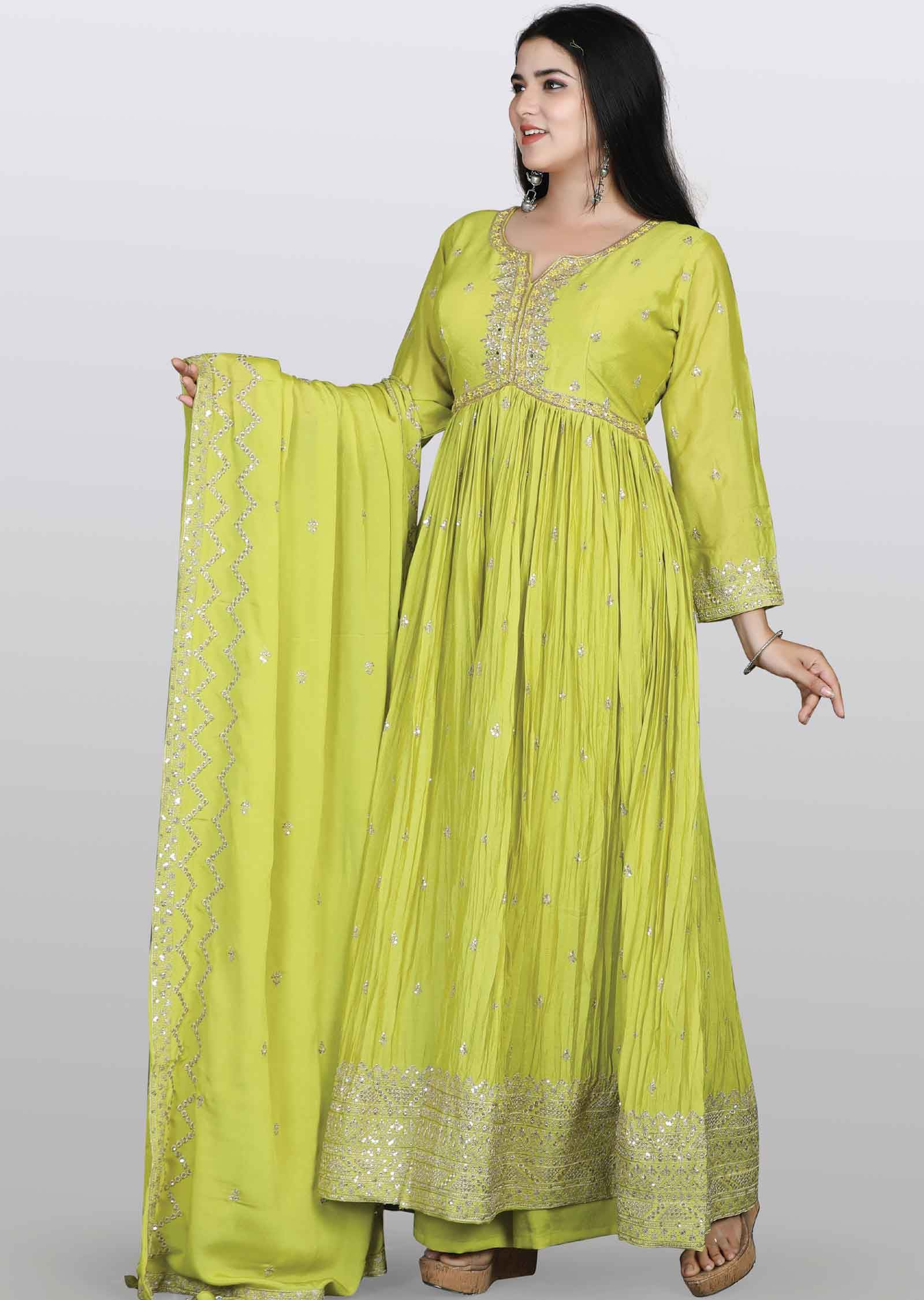 Lime Green Chinnon Embroidered Anarkali