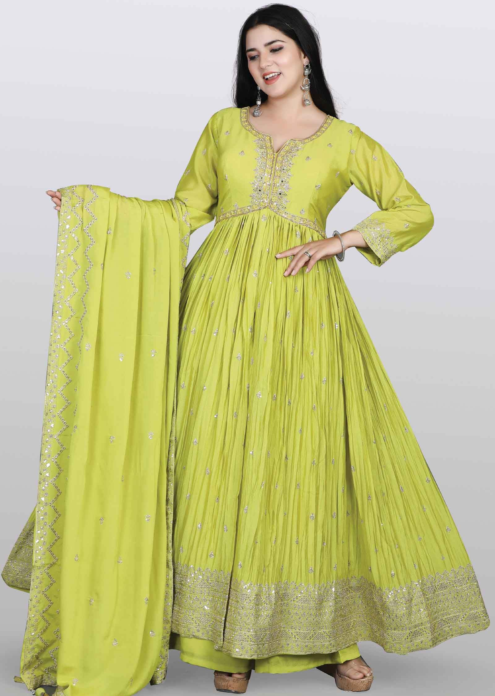 Lime Green Chinnon Embroidered Anarkali