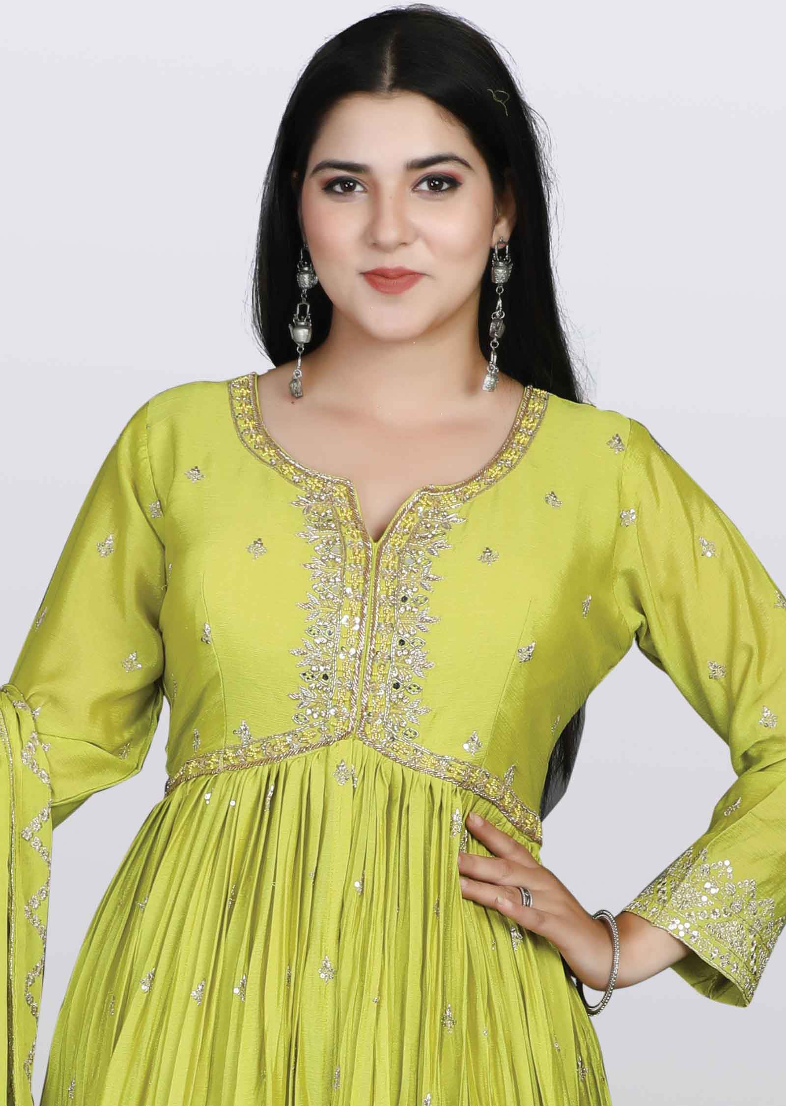 Lime Green Chinnon Embroidered Anarkali