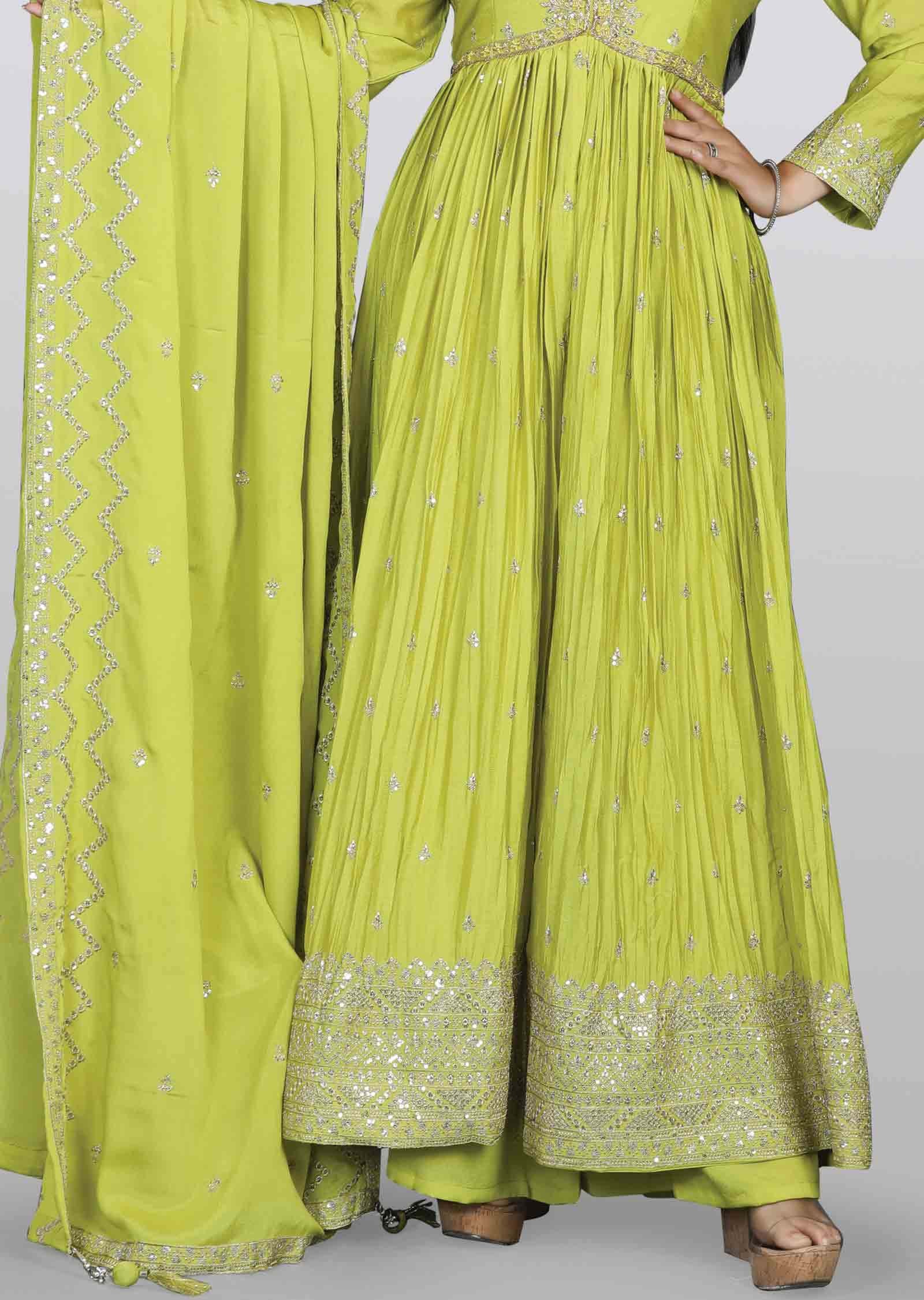 Lime Green Chinnon Embroidered Anarkali