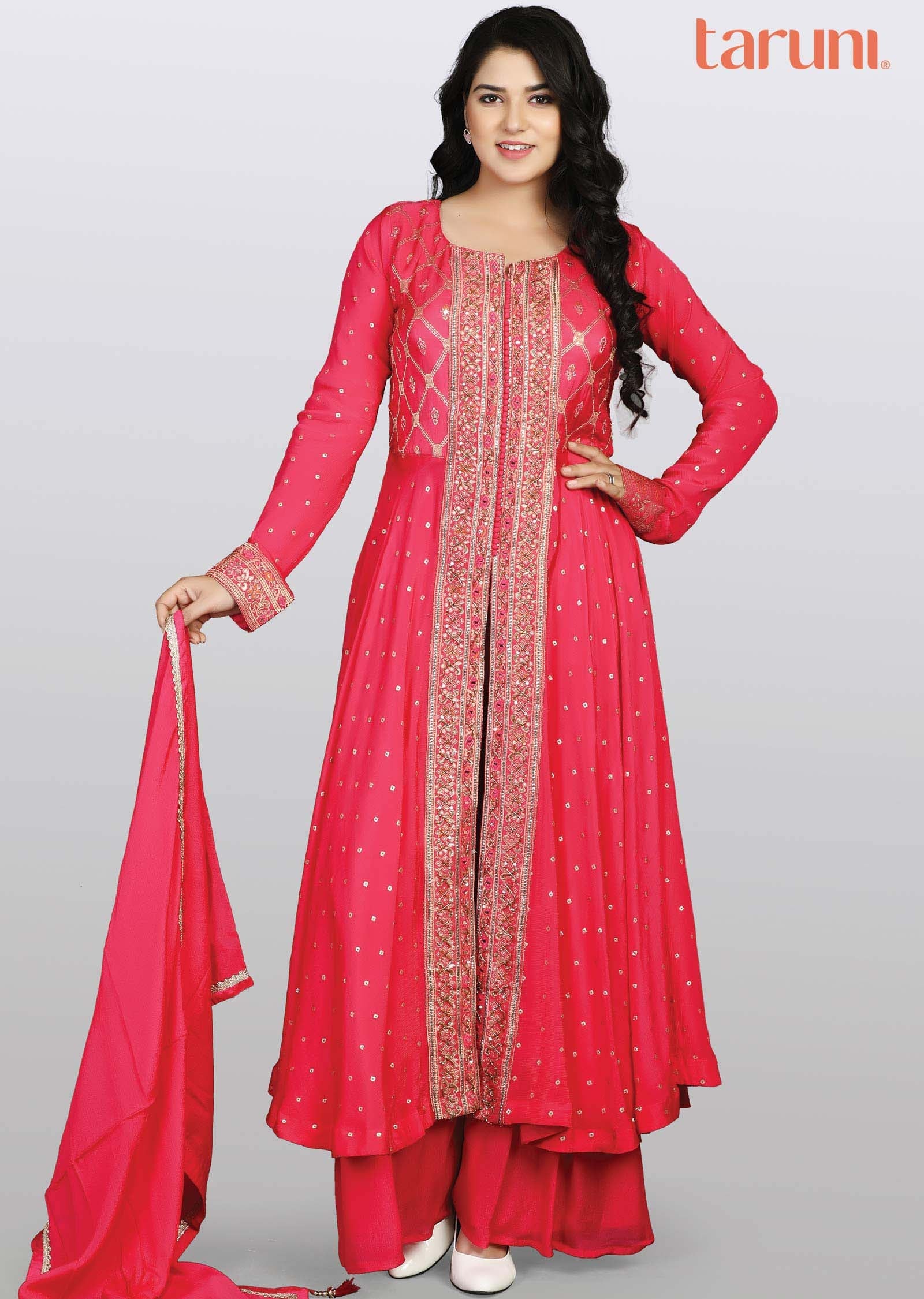 Rani Pink Banaras Chinnon Embroidered Anarkali