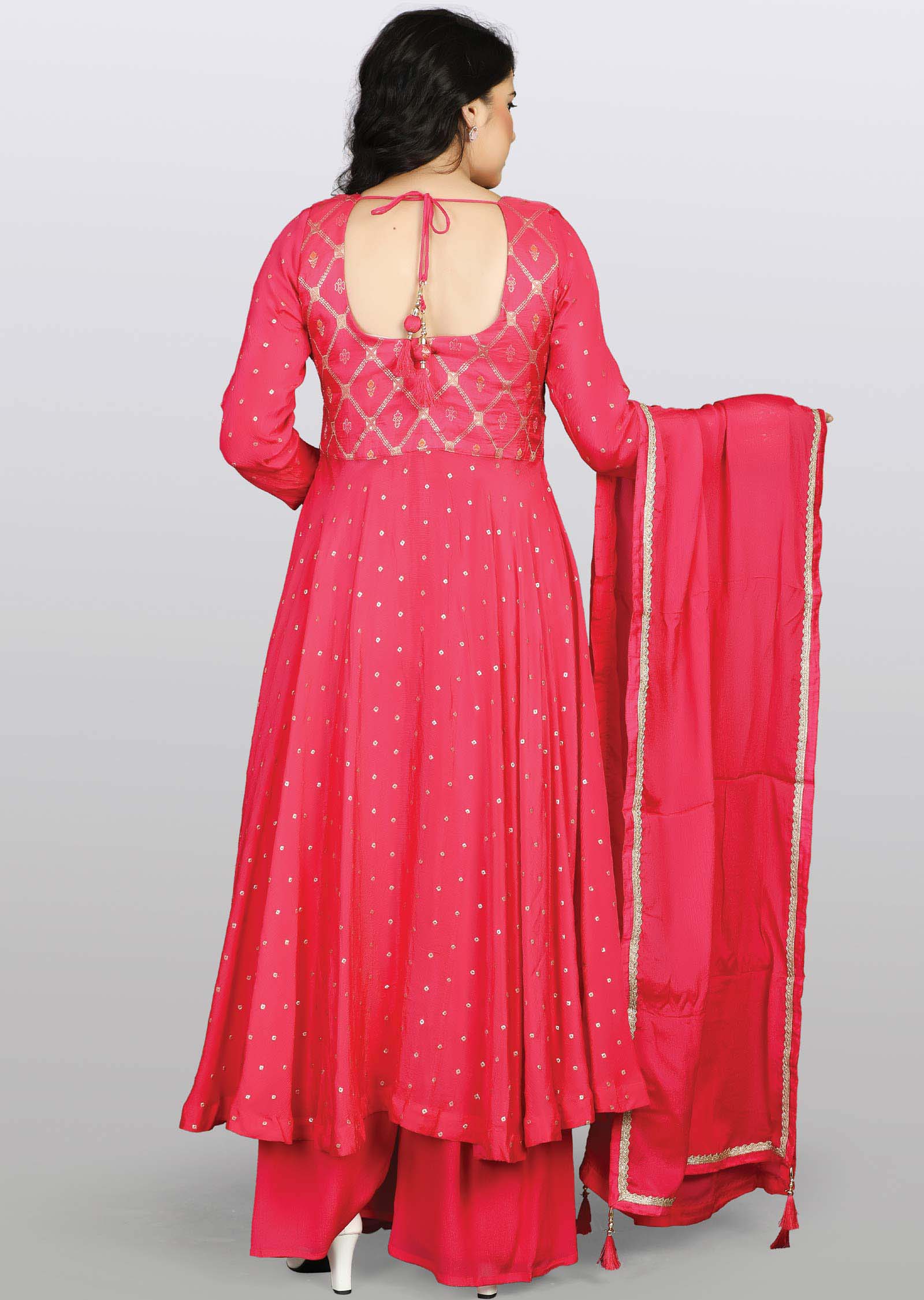 Rani Pink Banaras Chinnon Embroidered Anarkali