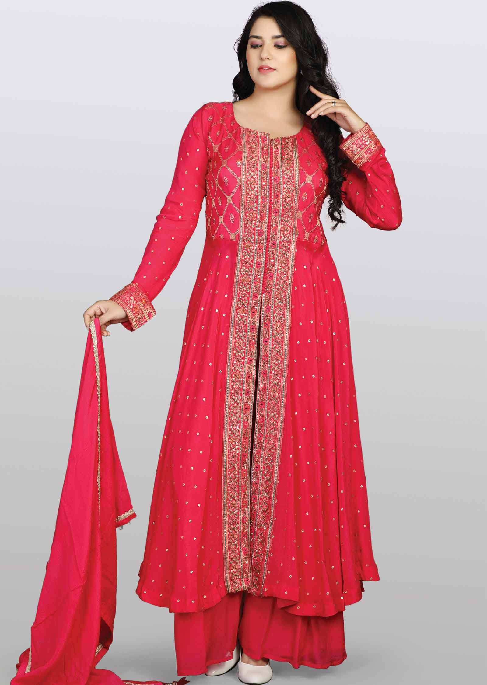 Rani Pink Banaras Chinnon Embroidered Anarkali