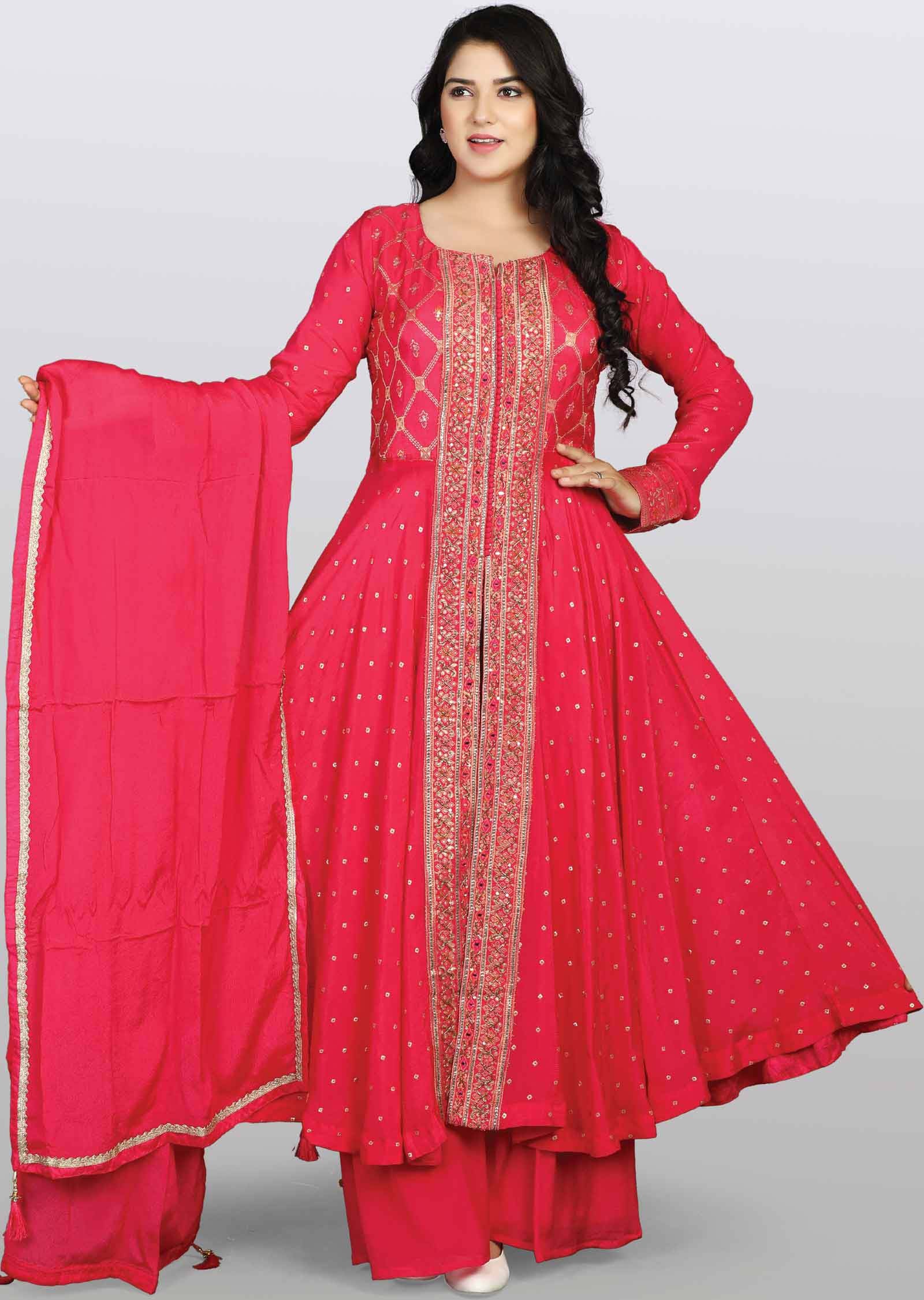 Rani Pink Banaras Chinnon Embroidered Anarkali