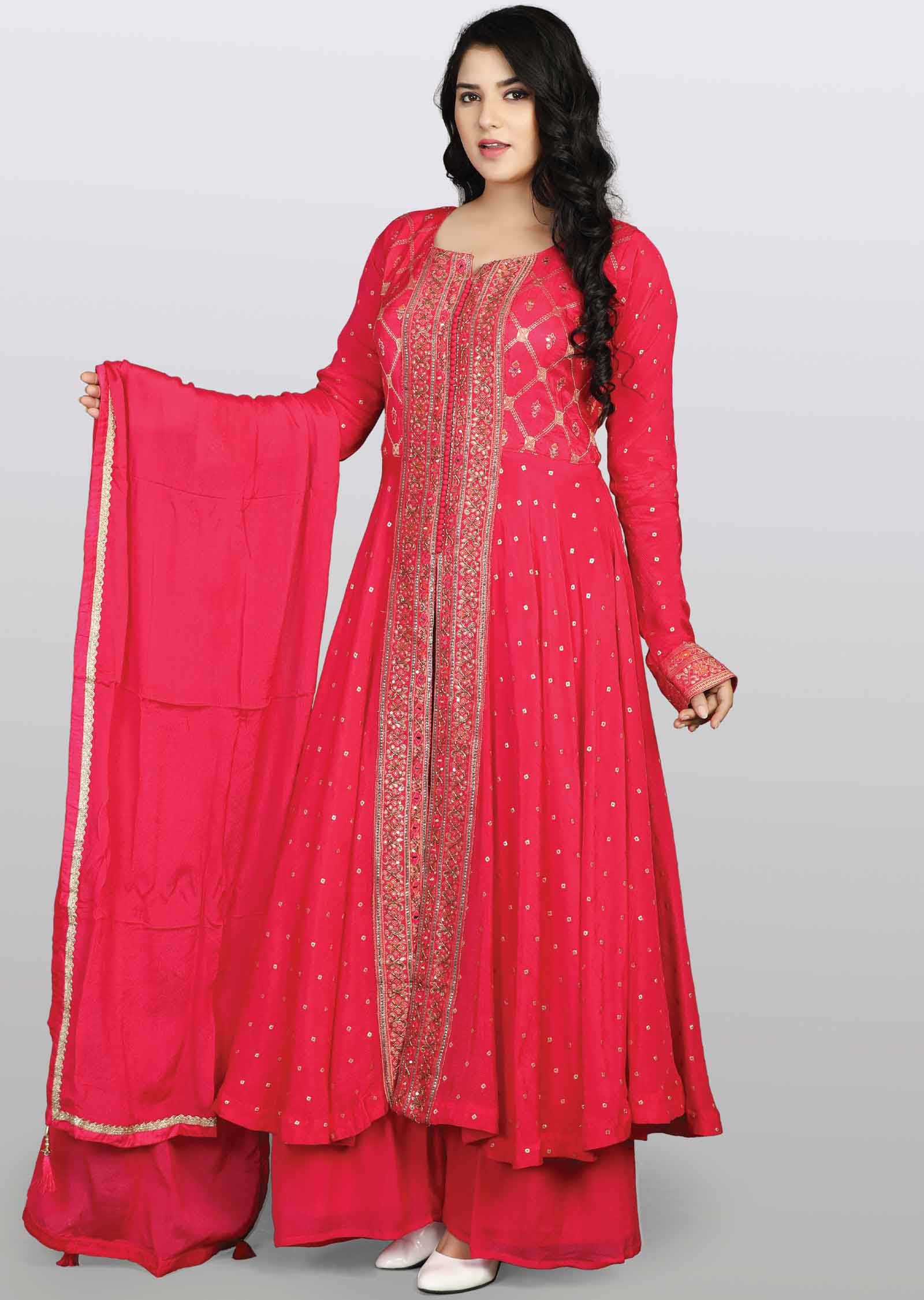 Rani Pink Banaras Chinnon Embroidered Anarkali