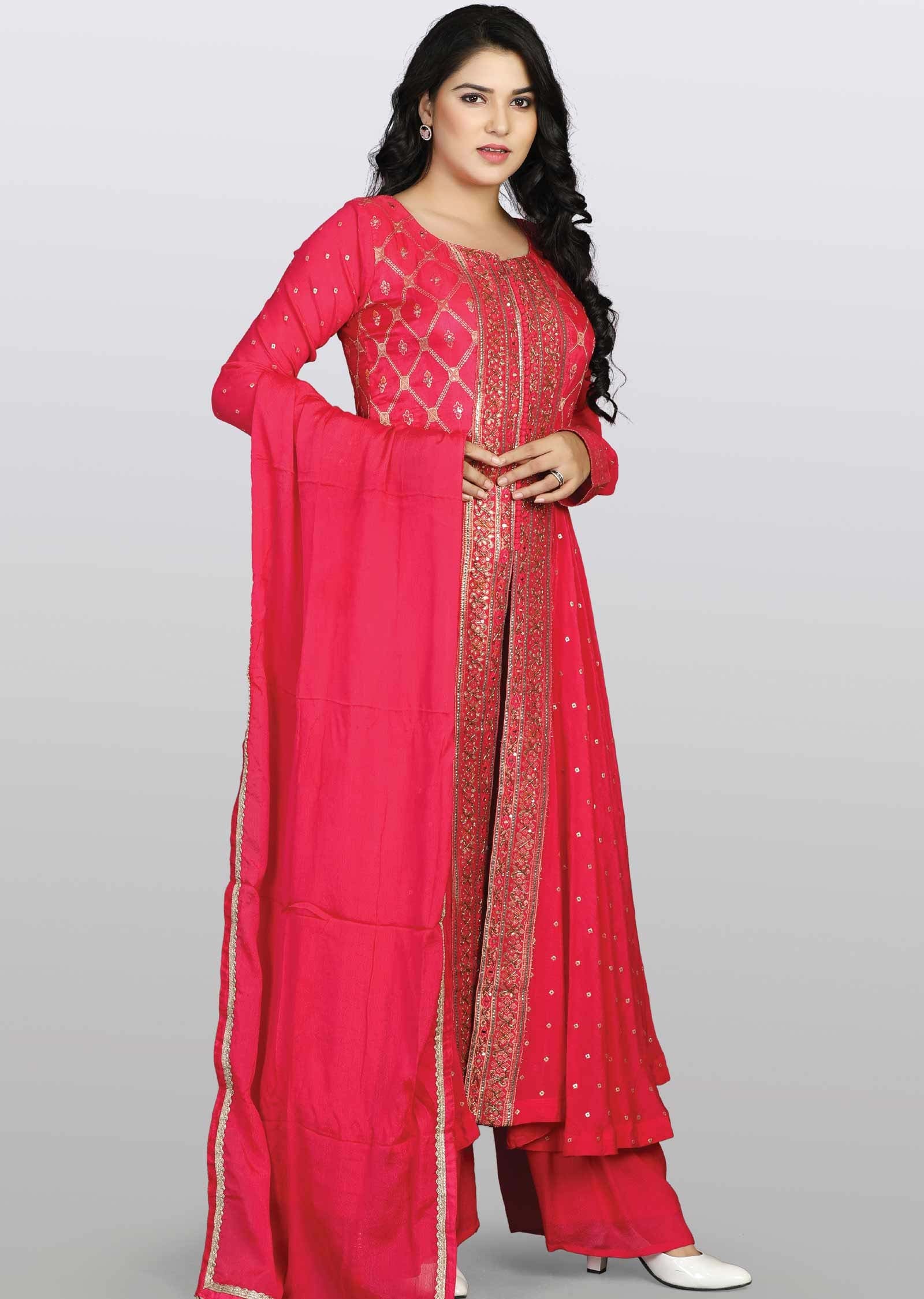 Rani Pink Banaras Chinnon Embroidered Anarkali