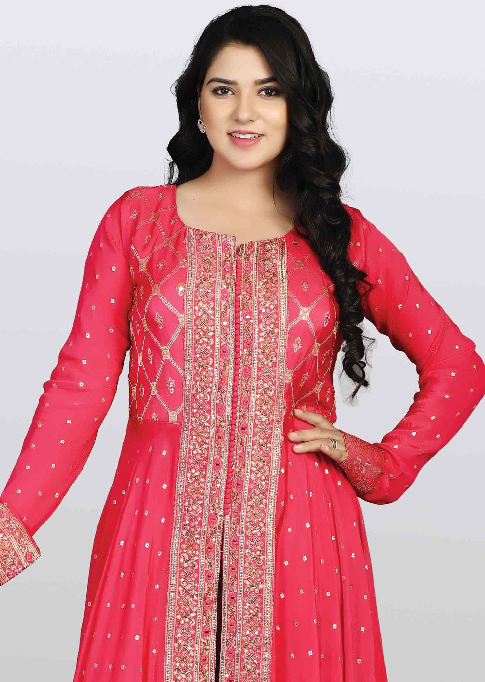 Rani Pink Banaras Chinnon Embroidered Anarkali