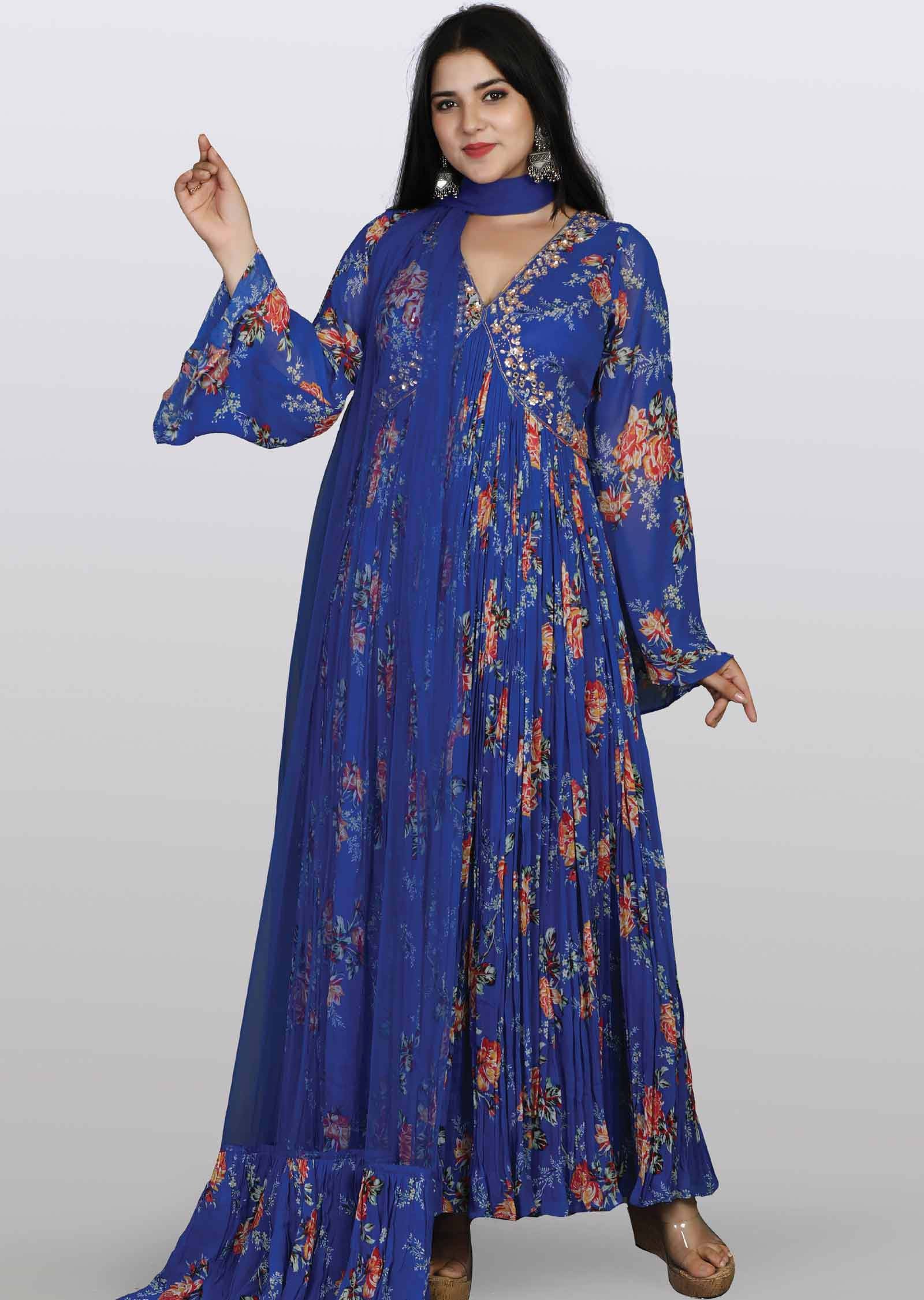 Royal Blue Georgette Embroidered Alia cut Anarkali
