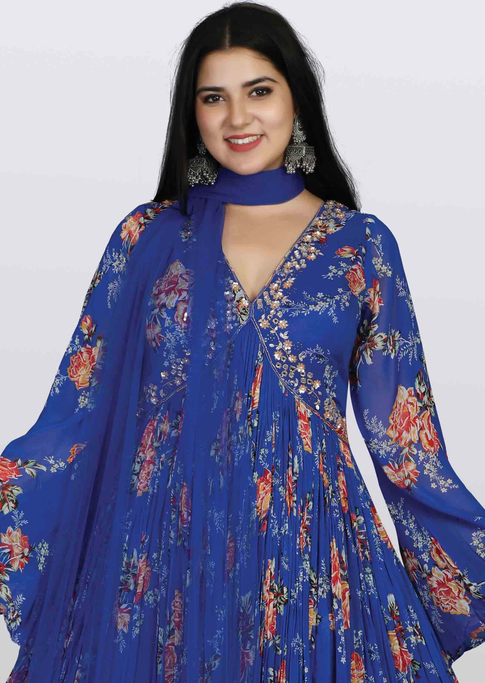 Royal Blue Georgette Embroidered Alia cut Anarkali